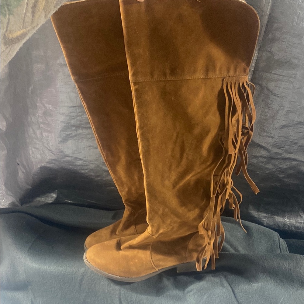 Brown Suede Fringe Knee-High Boots
